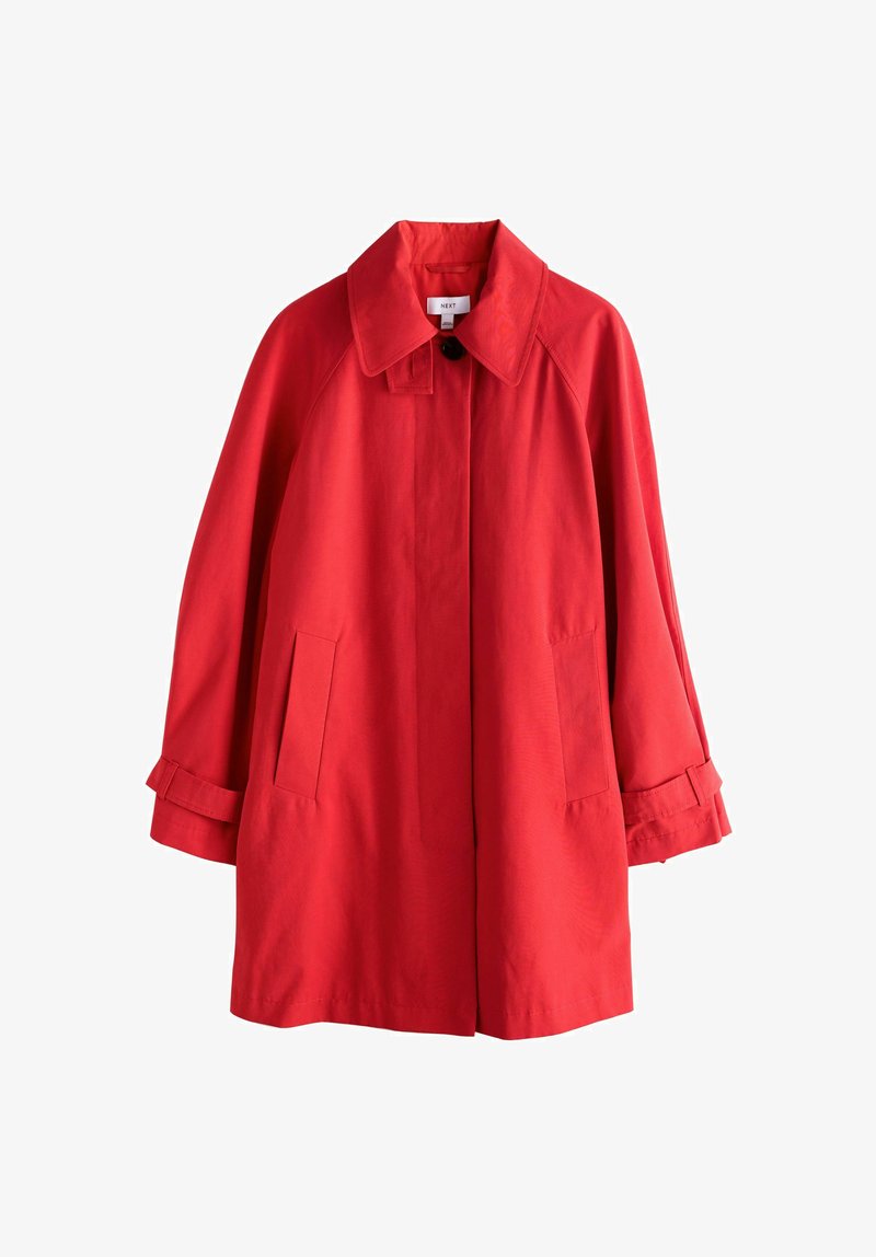 Roter Baumwollmantel mit weitem Kragen, Raglanärmeln und zwei Seitentaschen. Mit Knopfverschluss und Manschettenverzierung.