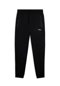 Pantaloni della tuta neri a sigaretta con cintura elastica, cordino, tasche laterali con zip e logo "FREDDY" bianco sulla coscia destra.