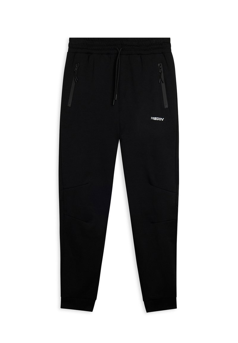 Pantaloni della tuta neri a sigaretta con cintura elastica, cordino, tasche laterali con zip e logo "FREDDY" bianco sulla coscia destra.