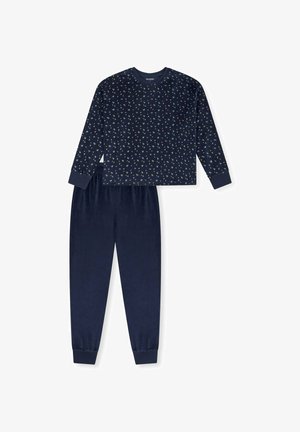 Navyblaues Schlafanzugset mit einem Langarmshirt und einem mehrfarbigen Blumenmuster sowie passenden elastischen Hosen mit Bündchen an den Knöcheln.