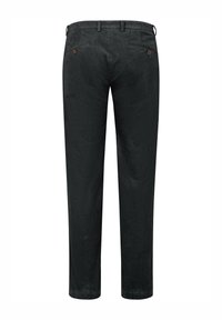 Schwarze Cordhosen mit geradem Bein, ausgestattet mit zwei Gesäßtaschen und farblich abgesetzten Knöpfen, strukturierte Oberfläche mit vertikalen Rillen.