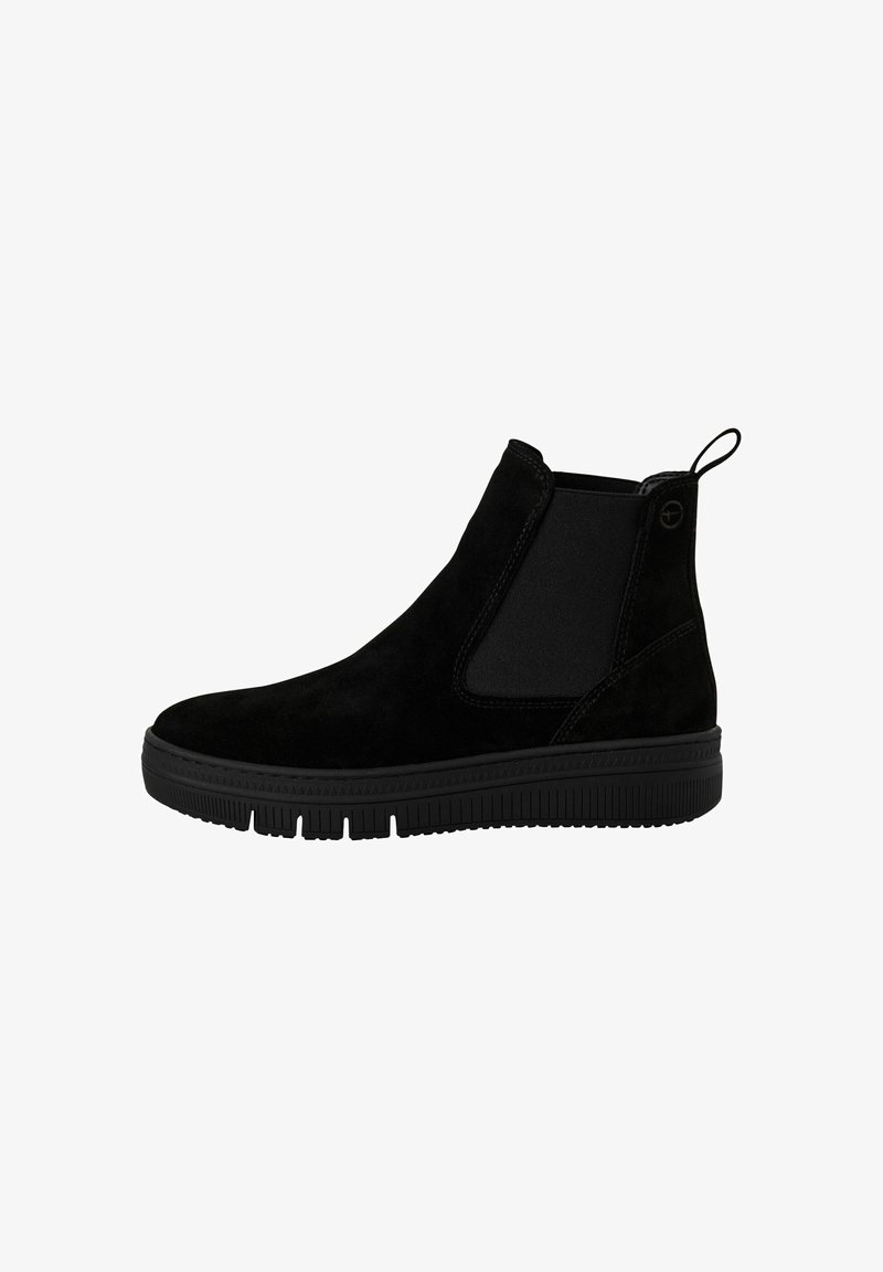 Bottine-bootie en daim noir avec panneau élastique sur le côté, languette à l'arrière du talon et semelle en caoutchouc épaisse à crampons, vue de profil latéral.