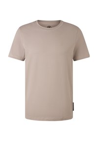 Beige tričko s krátkým rukávem a kulatým výstřihem, s malým vyraženým logem na levé straně hrudi a černou postranní cedulkou.
