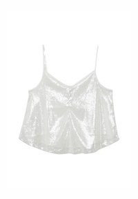 White sequined sleeveless crop top with thin spaghetti straps and a slight v-neckline, displayed on a white background.