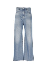 Jeans de tiro alto en denim de color azul claro, con un diseño de pierna ancha, cierre de botón y dobladillos raw, con un ligero desvanecimiento y sin adornos adicionales.