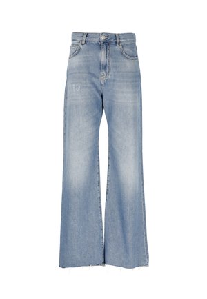 Jeans a gamba larga di colore azzurro chiaro, realizzati in denim, con una vita alta, chiusura a bottone e orli grezzi, lievemente sbiaditi e senza ulteriori decorazioni.