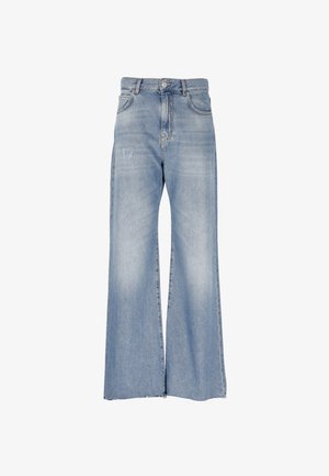Jeans a gamba larga di colore azzurro chiaro, realizzati in denim, con una vita alta, chiusura a bottone e orli grezzi, lievemente sbiaditi e senza ulteriori decorazioni.