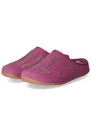Purple fabric slip-on shoes with a textured surface, featuring contrasting pink suede accents forming large letters on the front and a rubber sole.