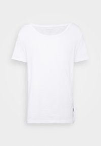 Biała koszulka T-shirt z krótkim rękawem, wykonana z miękkiego materiału; ma okrągły dekolt i luźny krój, bez widocznych wzorów czy akcentów.