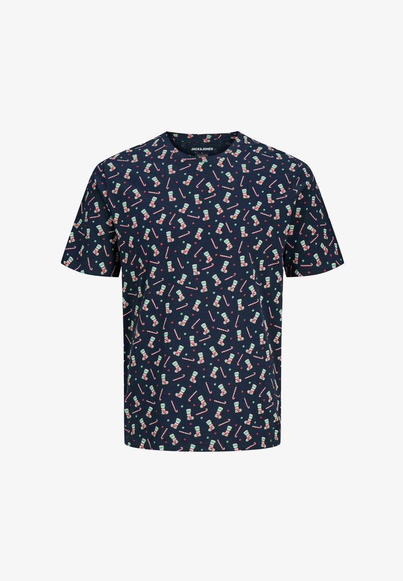 Navy T-shirt made of cotton featuring a repeated pattern of green and red Christmas stockings and candy canes. Short sleeves and crew neckline.