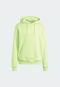Hoodie i ljus limegrön färg, tillverkad av mjukt material, med en framficka och vit logotyp på bröstet, ribbad mudd och nederkant.