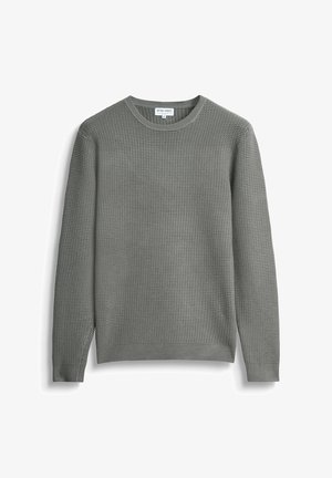 Maglione grigio a maniche lunghe in maglia con motivo a waffle testurizzato, scollo rotondo e polsini e orlo a costine, taglia media.