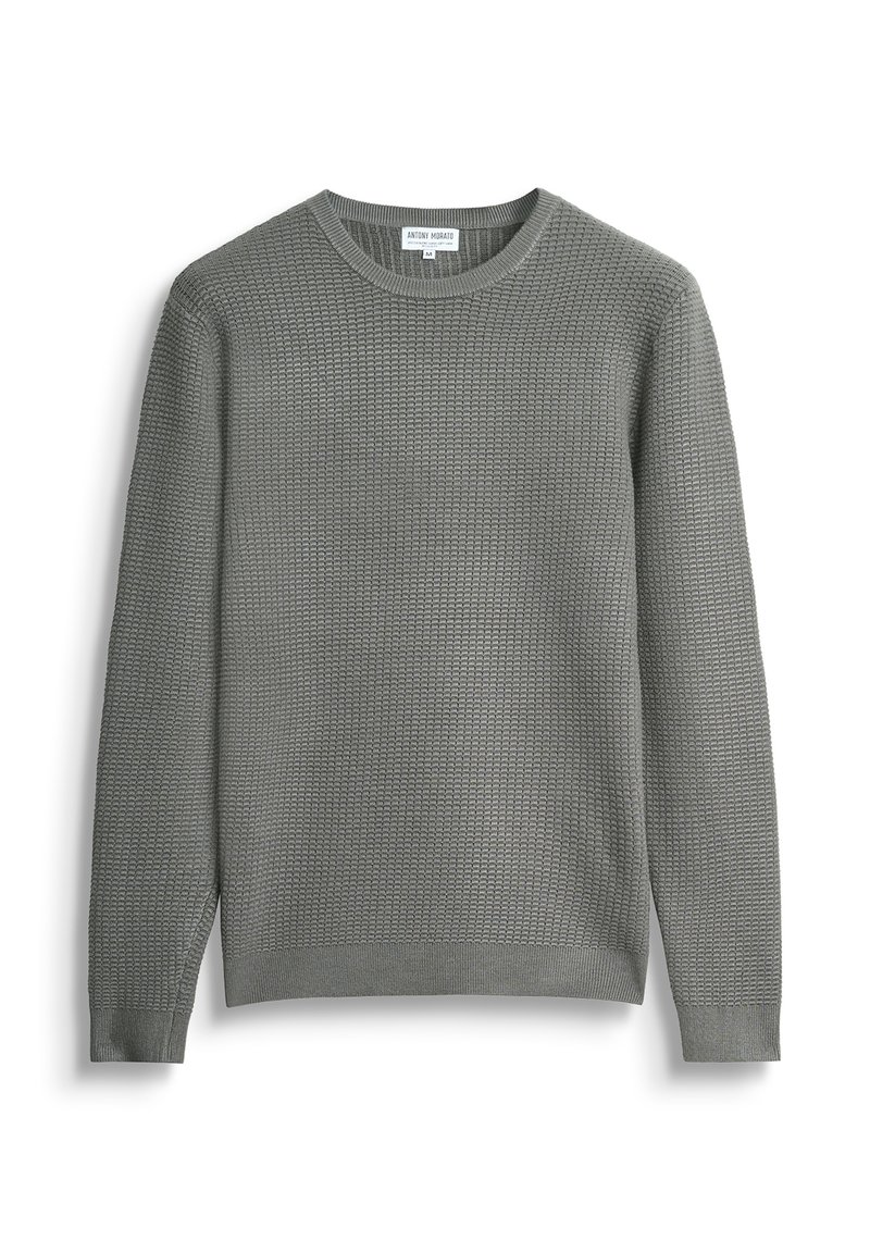 Maglione grigio a maniche lunghe in maglia con motivo a waffle testurizzato, scollo rotondo e polsini e orlo a costine, taglia media.