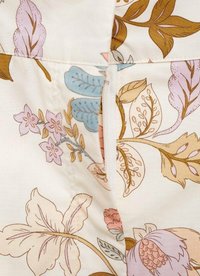 Floral-patterned fabric with pastel colors—pink, blue, and brown leaves and flowers. Features a zipper along the seam. Smooth texture.