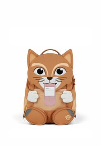 Brauner, katzenförmiger Rucksack mit einer strukturierten Oberfläche, großen Augen und einem pinken Zungendetail. Ausgestattet mit weißen Pfoten und einem Platz für ein Namensschild.
