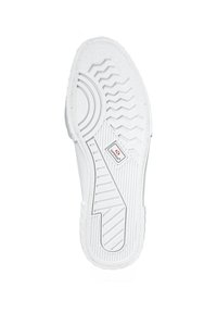 Suola di sneaker bianca caratterizzata da gomma testurizzata con un motivo a zigzag, dettaglio di presa circolare e logo del marchio in un'inserzione rettangolare.