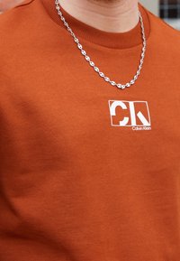 Sudadera de cuello redondo color naranja quemado con el logo de Calvin Klein en blanco. Acompañada de un collar de cadena plateada. Textura de tela suave.