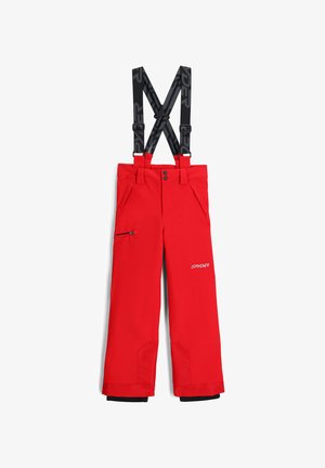 Rote Skihosen mit verstellbaren schwarzen Trägern, einer vorderen Reißverschluss-Tasche und Logodetails. Hergestellt aus strapazierfähigem, wasserabweisendem Material.