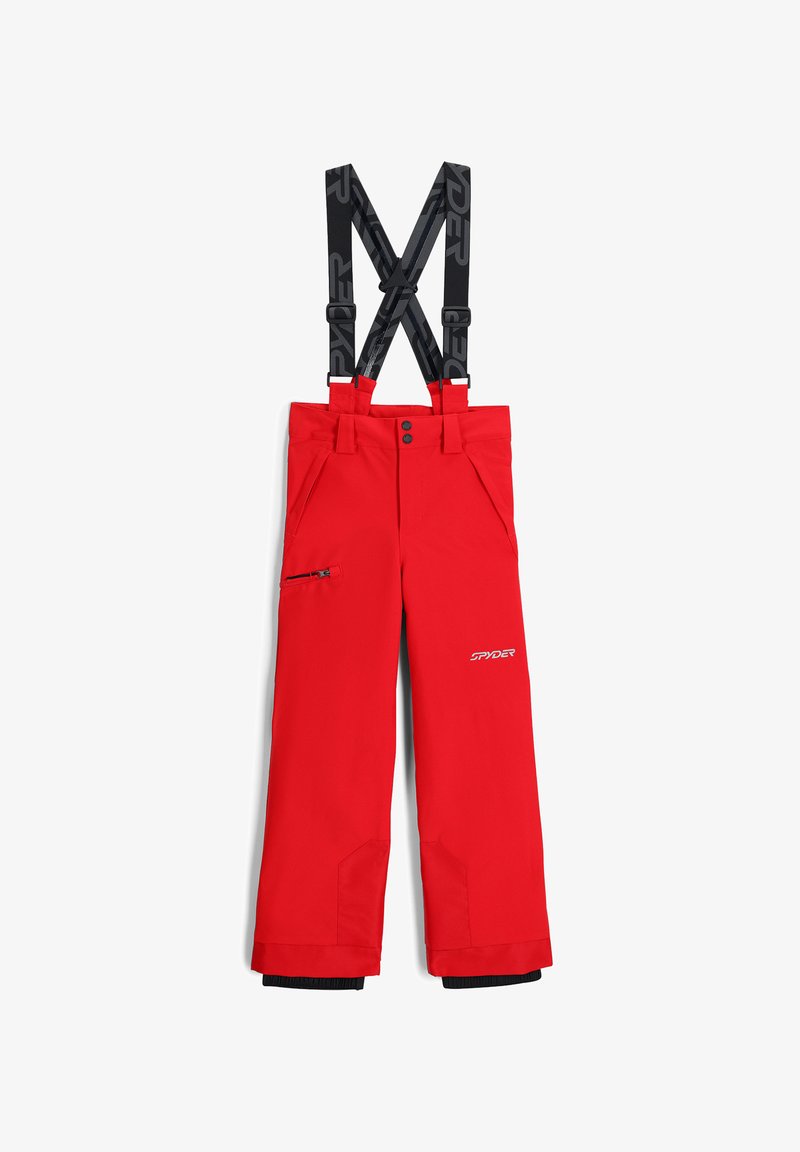 Rode skibroek met verstelbare zwarte bretels, een voorzak met rits en logodetail. Gemaakt van duurzaam, waterafstotend materiaal.