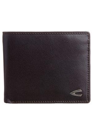 Brown leather wallet with a smooth texture, bi-fold design, contrasting stitching, and a silver logo accent on the front.