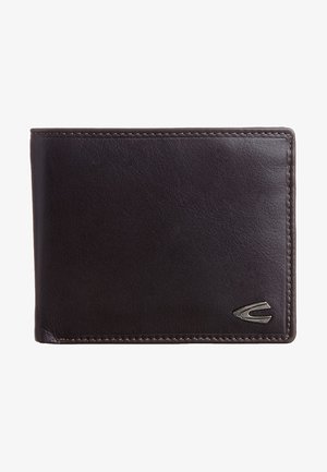 Portefeuille en cuir marron avec une texture lisse, design pliant, coutures contrastées et un accent de logo argenté à l'avant.