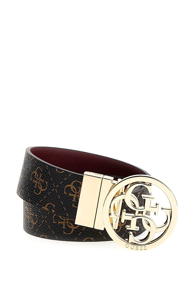 Cintura in pelle nera con texture, dotata di una fibbia circolare dorata con logo interbloccato "G" e fodera interna color bordeaux.