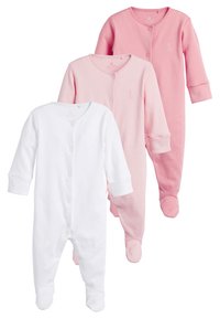 Tre tutine per bebè con maniche lunghe: una bianca e due rosa. Tessuto in cotone morbido, chiusure a scatto, design con piedi, delicato dettaglio animale in rilievo sul petto.