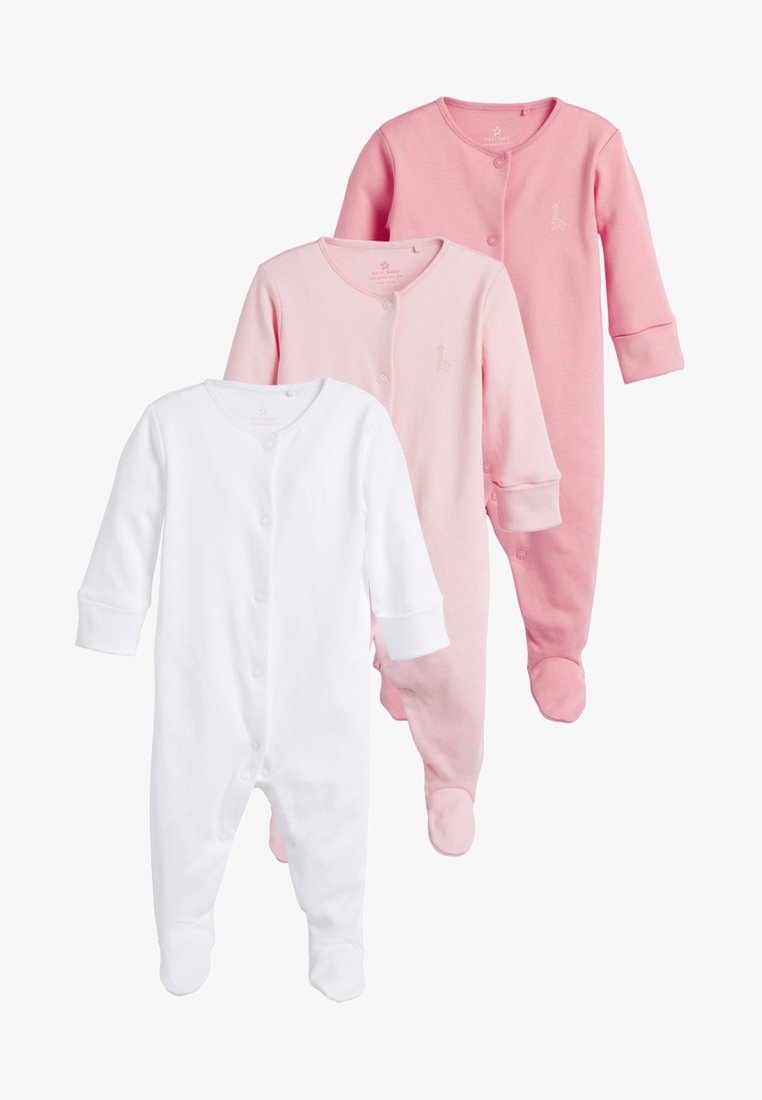 Tričko pre bábatká s dlhým rukávom: jedno biele, dve ružové. Mäkká bavlnená látka, zapínanie na cvoky, dizajn s nohavičkami, jemne razený zvierací motív na hrudi.
