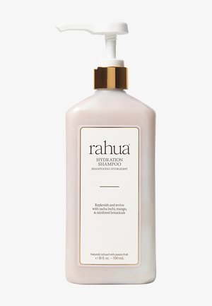 Bouteille de shampoing hydratant Rahua avec pompe, étiquetée 18 fl oz, enrichie en sacha inchi, mangue, plantes de la forêt tropicale et fruit de la passion.