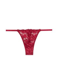 String rouge en dentelle avec broderie florale, en matériau transparent, et fines bretelles élastiques, conçu avec une coupe basse et un minimum de couverture à l'arrière.