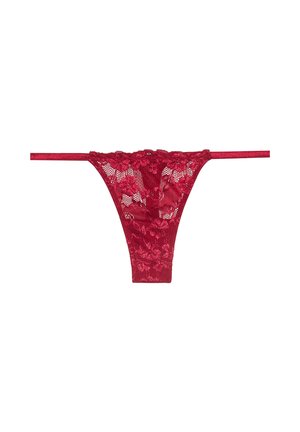 Perizoma rosso in pizzo con ricami floreali, realizzato in materiale trasparente e dotato di sottili elastici. Progettato con un taglio a vita bassa e copertura posteriore minima.