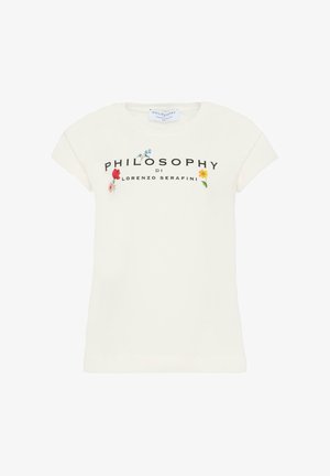Witte T-shirt met korte mouwen en de tekst "PHILOSOPHY di Lorenzo Serafini" en kleine kleurrijke bloemenillustraties aan de voorkant.