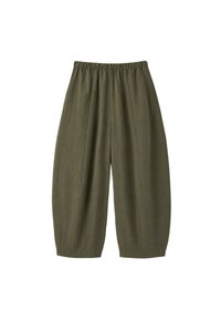 Pantalon ample vert olive avec taille élastique et jambes larges, fabriqué dans un tissu léger.