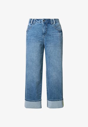 Lichtblauwe denim broek met wijde pijpen en opgerolde zoom, met vijf zakken, knoopsluiting aan de voorkant en een gelaagde textuur.