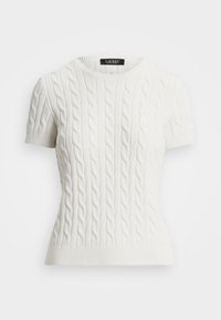 Kurzarm-Pullover aus Kabelstrick in Weiß. Ausgestattet mit einem runden Halsausschnitt, geripptem Saum und Bündchen sowie einem kleinen Logo auf der Brust.