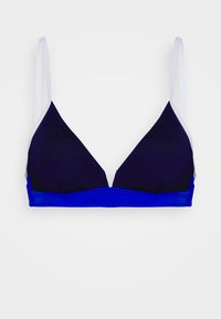 Bralette em forma de triângulo na cor azul marinho, com alças brancas e uma faixa azul. Tecido macio com uma textura suave e um detalhe recortado no centro.