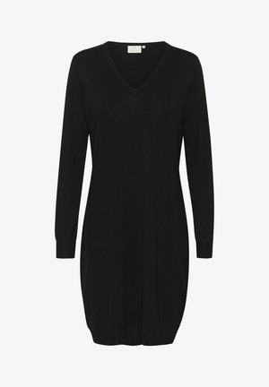 Svart stickad klänning med V-ringning och långa ärmar. Har ribbade ärmslut och en avslappnad passform, tillverkad av mjukt, strukturerat tyg.