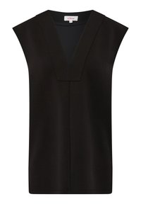 Top nero senza maniche con scollatura a V, realizzato in tessuto liscio, caratterizzato da una linea dritta e da dettagli di cucitura sottili.