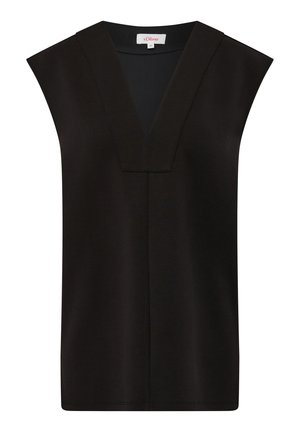 Čierny bezrukávový top s V-výstrihom, vyrobený z hladkej látky, s rovnými líniami a jemnými stehmi.