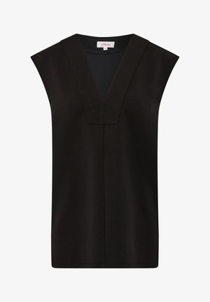 Zwarte mouwloze top met een V-hals, gemaakt van gladde stof, met een rechte snit en subtiele stiksels.