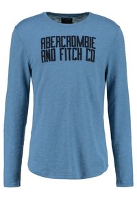 Blauw lang mouw shirt van lichtgewicht stof met een ronde hals, voorzien van zwarte tekst "ABERCROMBIE AND FITCH CO" over de borst.