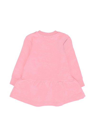 Robe rose à manches longues pour enfant avec un col rond et un ourlet froncé, montrée de dos sur fond blanc.