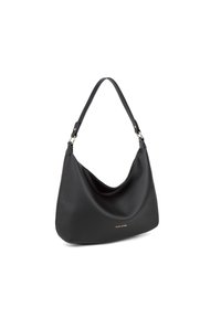 Borsa hobo in pelle nera con superficie testurizzata, forma curva e una sola tracolla con dettagli in hardware dorato.