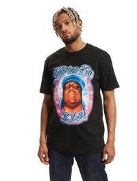 Melns kokvilnas T-krekls ar grafiku, kur attēlots vīrietis zilā cepurē, ar tekstu "The Notorious B.I.G." un "R.I.P." krāsainā druka.