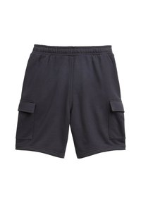 Donkergrijze cargoshorts van zachte stof. Voorzien van een elastische tailleband, twee zijzakken en twee cargozakken op de dijen.