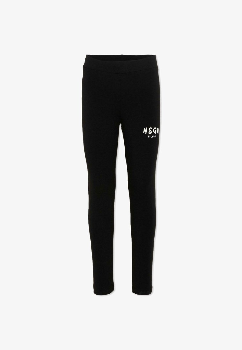 Leggings noirs moulants avec texte blanc "MSGM Milano" sur la cuisse supérieure, dotés d'une ceinture élastique unie.