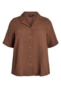 Braunes Hemd mit Knöpfen, aus strukturiertem Stoff mit einem dezenten Knittermuster, kurze Ärmel und klassischem Kragen.