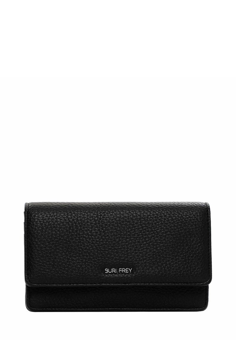 Black leather wallet with a textured surface, fold-over flap, and silver logo. Rectangular shape with minimalist design and no visible hardware.