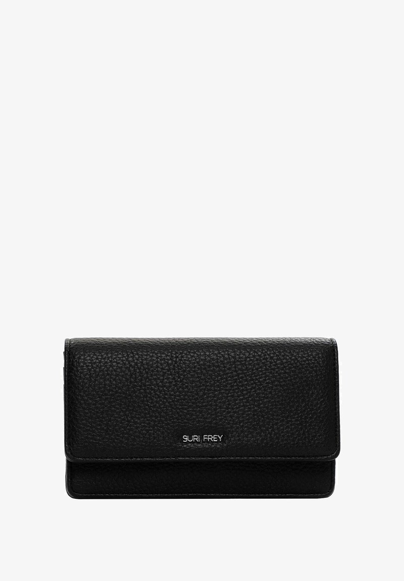 Black leather wallet with a textured surface, fold-over flap, and silver logo. Rectangular shape with minimalist design and no visible hardware.