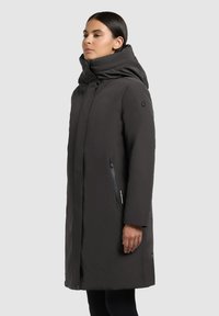 Temno siva zimska jakna z visokim ovratnikom, žepi na zadrgo in ravno silhueto. Ima gladko teksturo in minimalno označevanje.